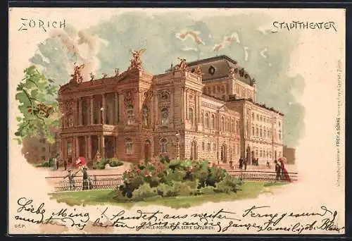 Lithographie Zürich, Stadttheater vor Park aus auf Eckfassade mit Säuleneingang