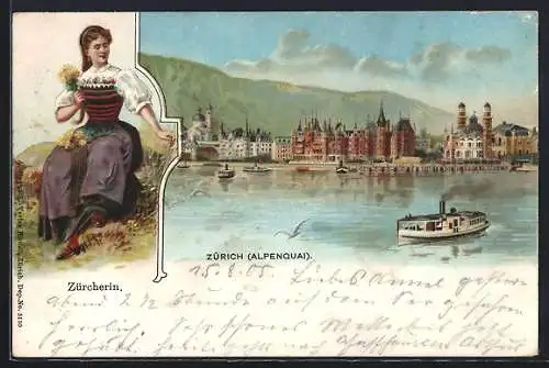 Lithographie Zürich, Ortsansicht, Züricherin in Tracht