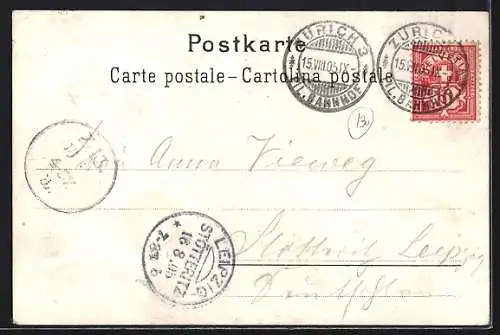 Lithographie Zürich, Ortsansicht, Züricherin in Tracht