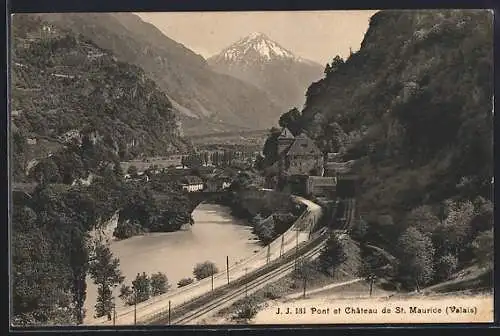 AK St. Maurice, Pont et Chateau de St. Maurice, Eisenbahnschienen