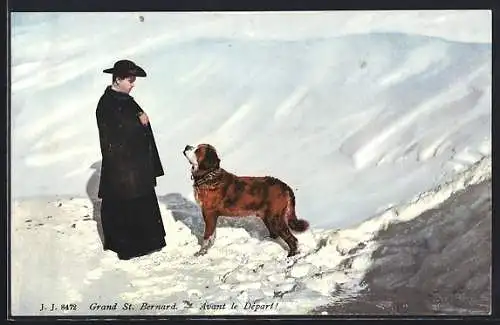 AK Grand St. Bernard, Bernhardiner im Schnee mit seinem Herrchen