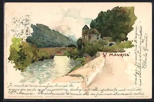 Künstler-AK Fritz Voellmy: St. Maurice, Panorama