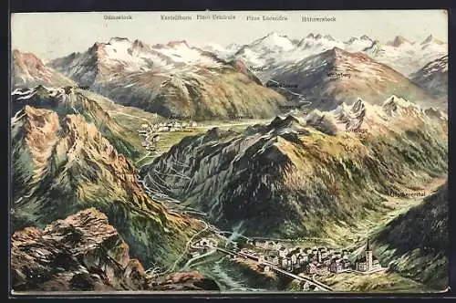 AK Göschenen, Panorama mit Teufelsbrücke und Alpen, Gotthardpass