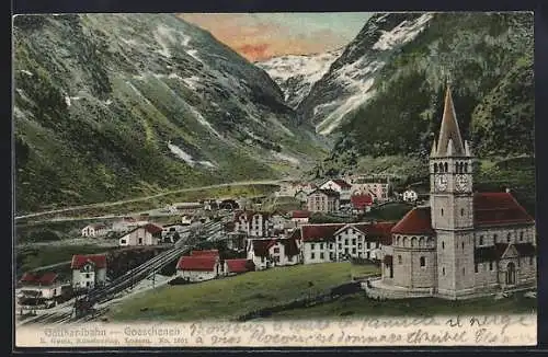 AK Goeschenen, Blick auf Kirche und Gotthardbahn