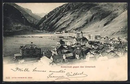 AK Andermatt, Ortsansicht mit dem Urnerloch, um 1900