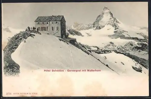 AK Gornergrat, Hotel mit Besuchern, Matterhorn