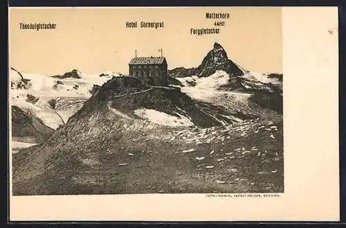 AK Gornergrat, Hotel Gornergrat mit Theodulgletscher, Matterhorn und Furggletscher