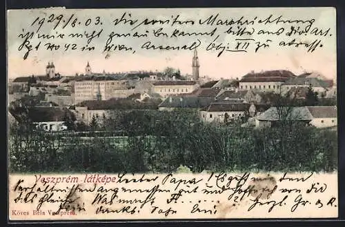 AK Veszprem, latkepe, Blick auf den Ort mit Kirche