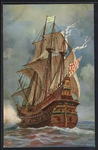 Künstler-AK Christopher Rave: Segelschiff Kriegsschiff, 16. Jahrhundert