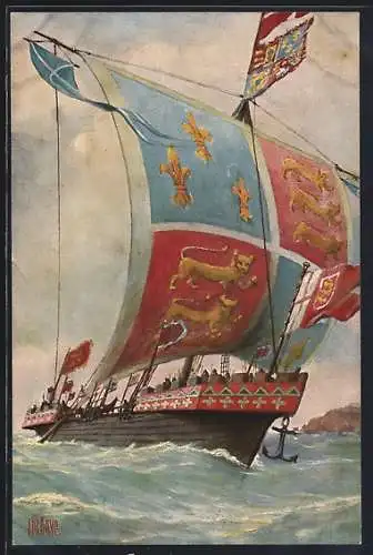 Künstler-AK Christopher Rave: Englisches Kriegsschiff, 14. Jahrhundert