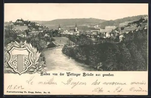 AK Baden, Teilansicht von der Wettinger Brücke aus gesehen, Wappen