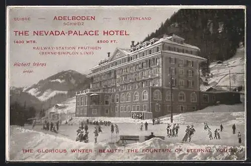 AK Adelboden, the Nevada-Palace Hotel mit Eisbahn im Winter