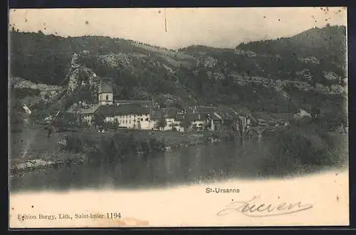 AK St-Ursanne, Teilansicht mit Kirche