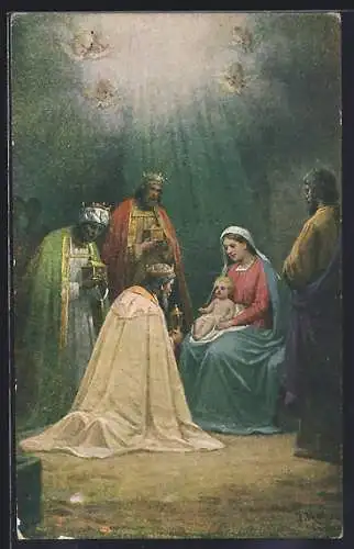 AK Heilige drei König knien vor Maria und dem Christkind, Weihnachtsengel