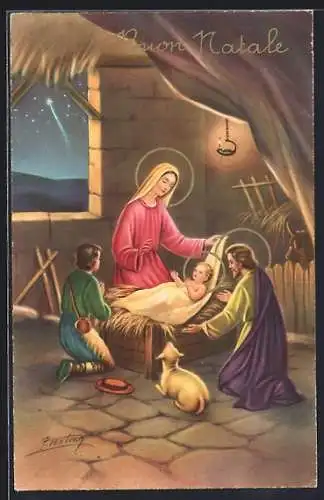 AK Buon Natale, Hirte kniet vor dem Christkind in der Krippe