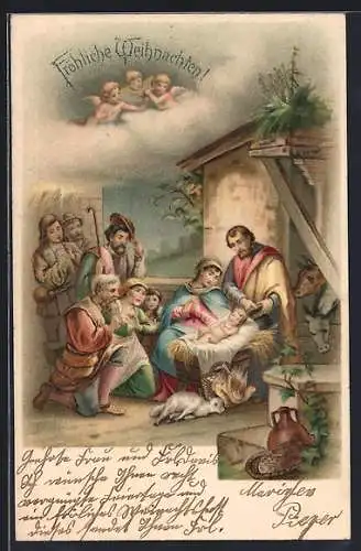 AK Weihnachtsengel über der Krippe des Jesuskindes mit Maria und Hirten