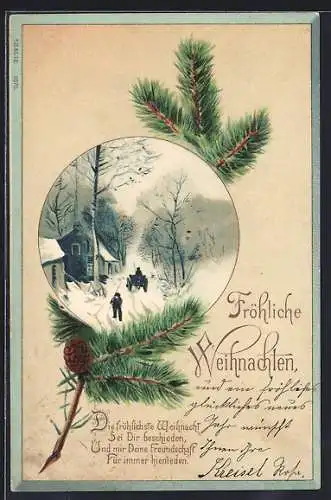 AK Fröhliche Weihnachten!, Verschneite Dorfstrasse im Tannenzapfen-Passepartout