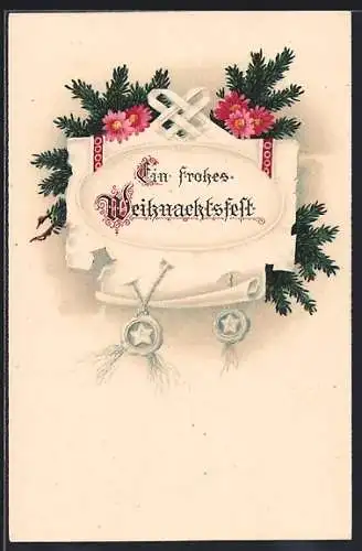 AK Weihnachtsgruss, Urkunde mit Siegel und Tannenzweige