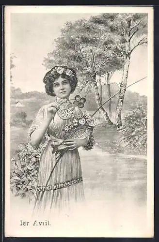 AK 1. April, Dame steht mit Fisch und Blumen am Flussufer