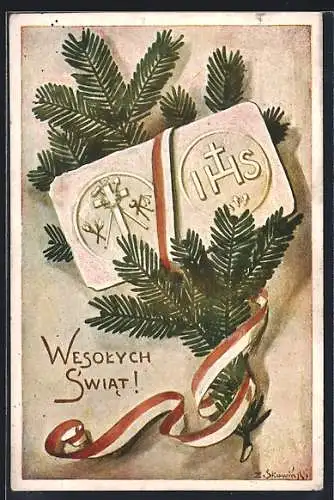 Künstler-AK Wesolych Swiat, Tannenzweig mit Band