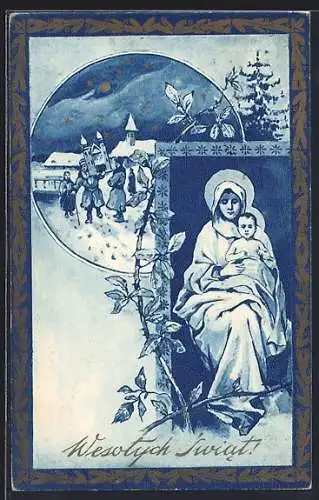 AK Wesolych Swiat, Maria mit Christkind, Ortspartie im Schnee
