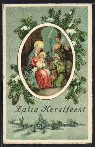 AK Hirte kniet vor Maria und dem Christkind, Passepartout mit Tannenzweig und verschneitem Dorf