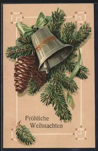 AK Fröhliche Weihnachten, Glocke läutet zwischen Tannenzapfen