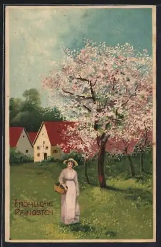 AK Frau auf einer Frühlingswiese unter blühenden Bäumen, Fröhliche Pfingsten