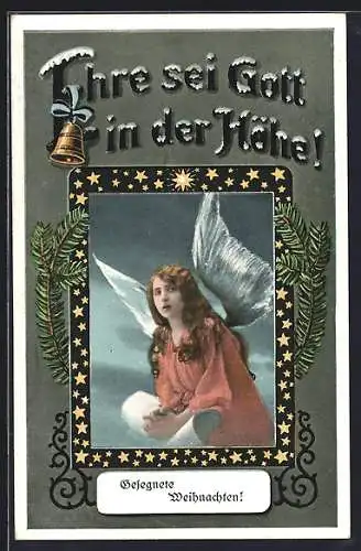 AK Weihnachtsengel im Sternenrahmen, Tannengrün, Glöckchen