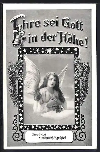 AK Weihnachtsengel im Passepartout mit Tannenzweigen und Sternen