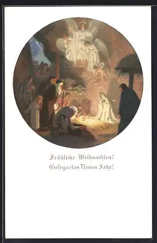 Künstler-AK Weihnachtsengel schweben über dem Christkind in der Krippe