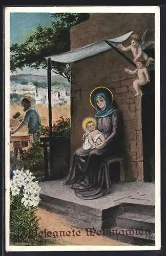 AK Maria mit Christkind im Arm vor einem Haus, Weihnachtsengel
