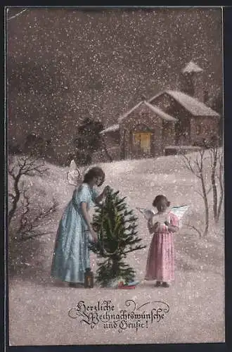 AK Weihnachtsengel schmücken einen Tannenbaum im Schnee