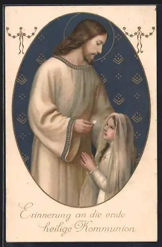 AK Erste heilige Kommunion, Jesus gibt einem Mädchen eine Hostie