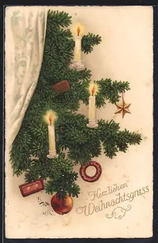 AK Lebkuchenan einem Tannenzweig mit brennenden Kerzen, Weihnachtsgruss
