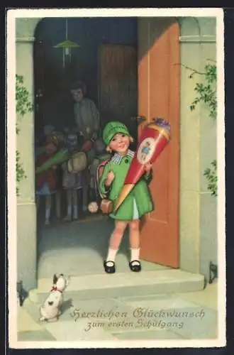 AK Glückwunsch zum ersten Schulgang, Mädchen mit Zuckertüte