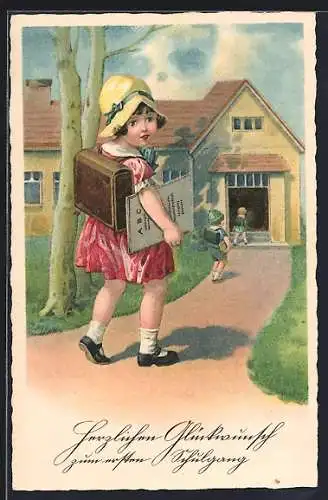 AK Mädchen auf dem Weg in die Schule, Schulanfang