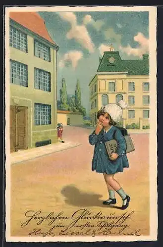 AK Mädchen mit Schulbuch bei ihrem ersten Schulgang