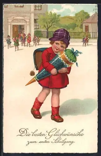 Künstler-AK Glückwünsche zum Schulanfang, Mädchen mit Schultüte auf dem Pausenhof