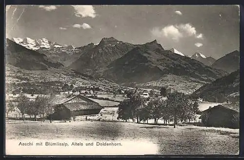 AK Aeschi, Ortsansicht mit Blümlisalp, Altels und Doldenhorn