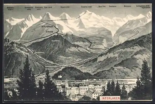 Künstler-AK Interlaken, Teilansicht mit Wilderswil und Thunersee, Bergpanorama mit Jungfrau, Grosshorn und Breithorn