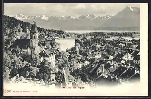 AK Thun, Teilansicht mit Kirche und den Alpen