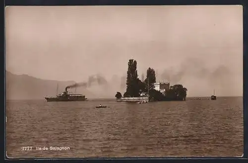 AK Montreux, Ile de Salagnon mit Dampfer