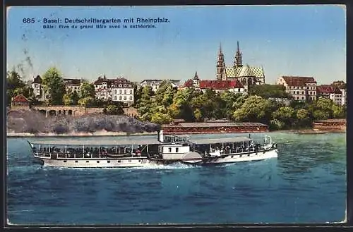 AK Basel, Binnenschiff passiert Deutschrittergarten und Rheinpfalz
