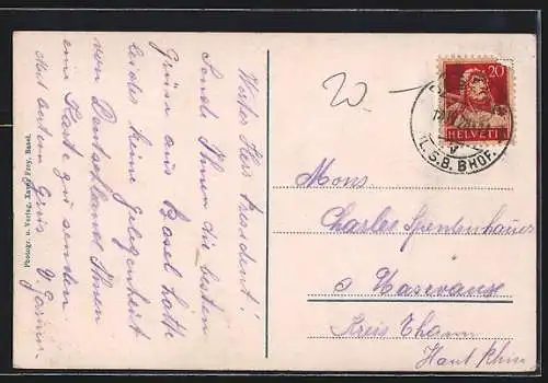 AK Basel, Binnenschiff passiert Deutschrittergarten und Rheinpfalz