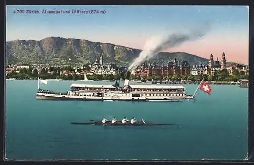 AK Zürich, Alpenquai mit Dampfer Helvetia und Ütliberg