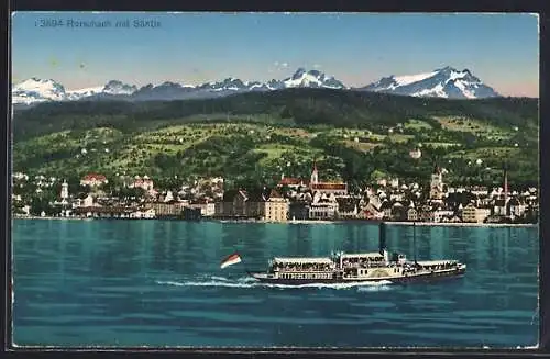 AK Rorschach, Uferpartie mit Säntis und Dampfer