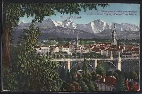 Künstler-AK Berne, Panorama mit Brücke, Reklame für Lancy-Vaxina