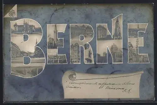 AK Berne, Schriftzug mit Kirche, Denkmal und Strassenpartie