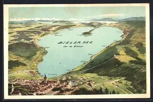 Künstler-AK Bienne, Bieler See, St. Peters-Insel, Mörigen und Erlach